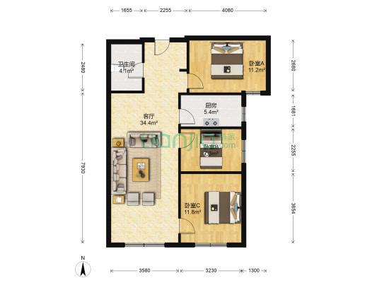鸿坤理想湾，中等装修三居室，好位置，前边无遮挡-户型图