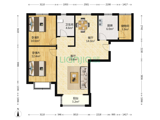 蒲瑞馨园北区 2室2厅1卫 108平方