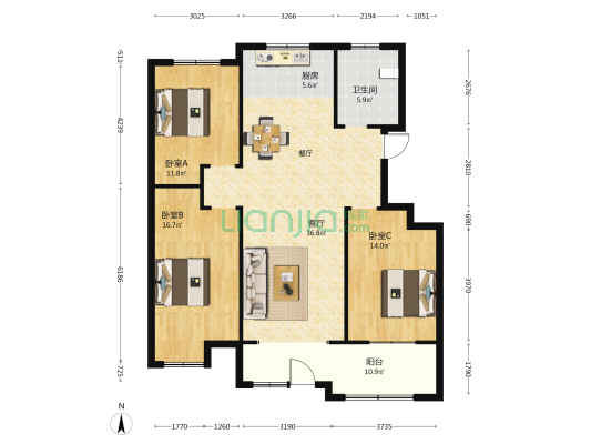 凯泽翡翠城 3室1厅1卫 128平方