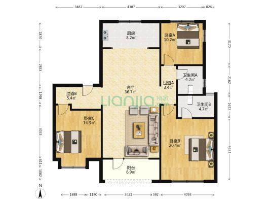 龙湖天钜 3室1厅2卫 142平方