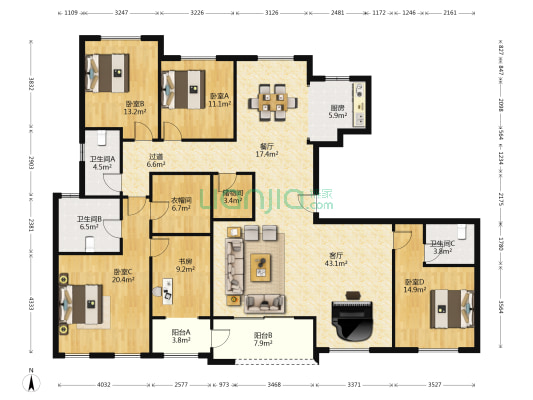 东方润园 5室2厅3卫 220平方