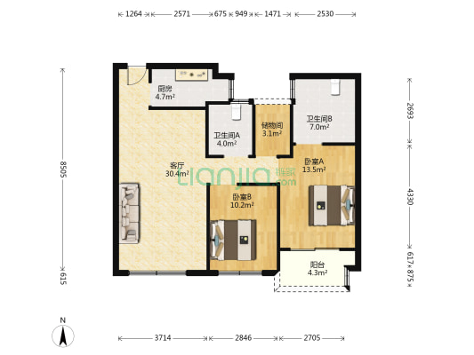 金都华府 2室1厅2卫 101平方