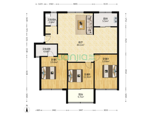 景虹苑 3室1厅2卫 120平方