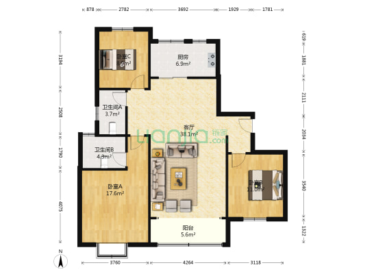恒大滨河左岸朗润园 3室1厅2卫 134平方