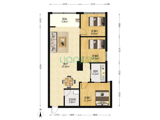 国贸新城 3室1厅1卫 109平方