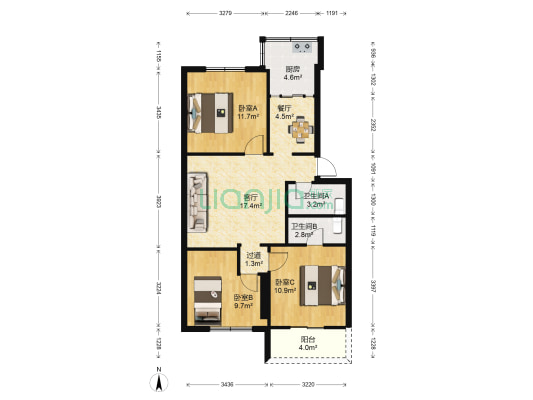 沁芳园 3室2厅2卫 82平方