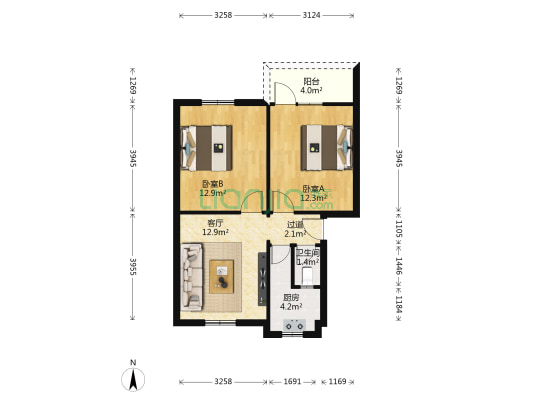 水碾河南三街5号 2室1厅1卫 59平方