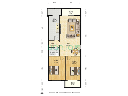 金水路42号院 2室1厅1卫 107平方