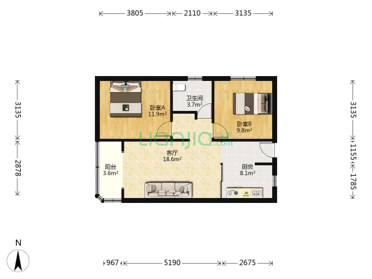 红莲小区 2室1厅1卫 86平方
