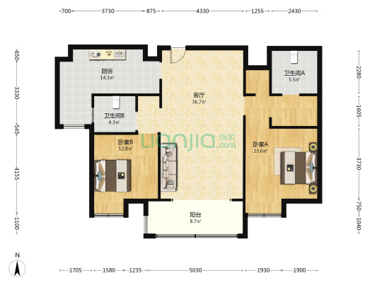 紫薇国际广场B1幢 2室1厅2卫 135平方