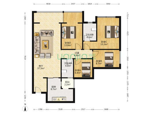 印江州珹印 4室1厅2卫 125平方