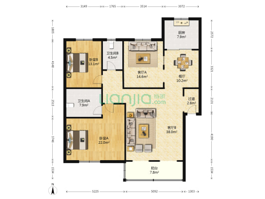 枫叶新家园 2室3厅2卫 149平方
