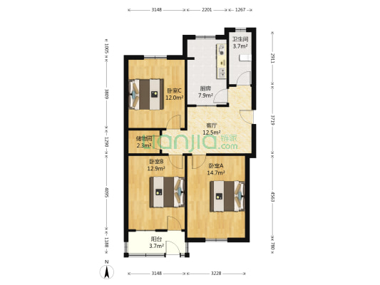 张家村25号 3室1厅1卫 87平方