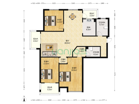 东周小区 3室1厅2卫 146平方