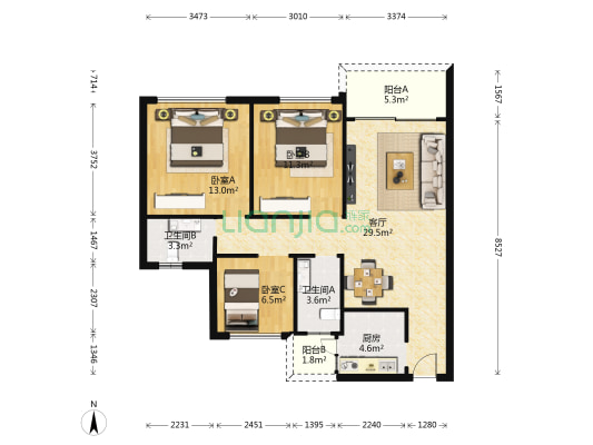 高盛花园 3室1厅2卫 91平方