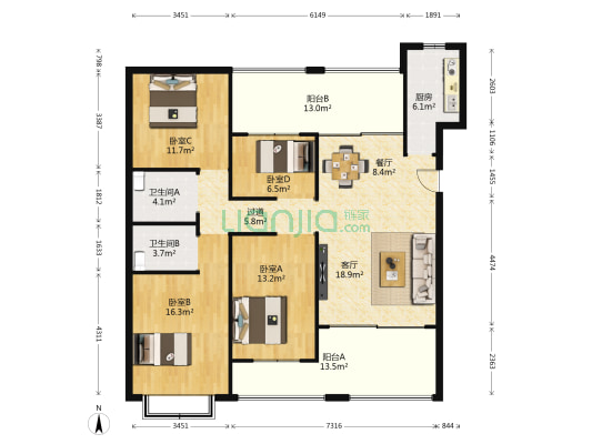 万恒公馆 4室2厅2卫 120平方