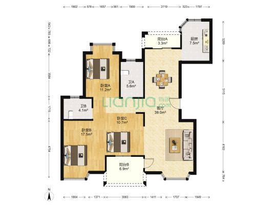 波导山水桃源 3室1厅2卫 127平方