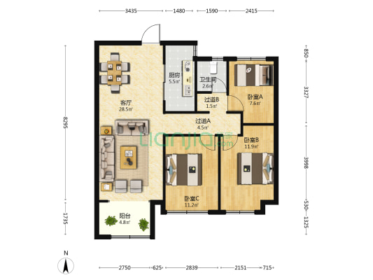 美的▪幸福时光 3室1厅1卫 108平方