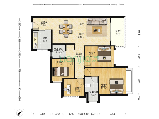 保利越秀·天启 4室1厅2卫 104平方