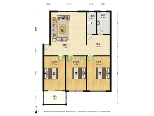 金海公寓 3室2厅1卫 126平方
