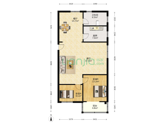 同成广场 2室2厅1卫 127平方