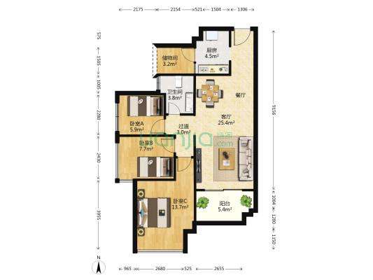 保利城A区 3室1厅1卫 88平方