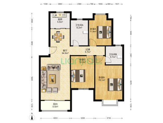 御景园三期 3室1厅2卫 131平方