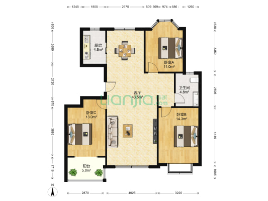 世界观 3室1厅1卫 115平方