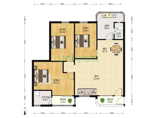 公路局内宿舍 3室2厅2卫 117平方