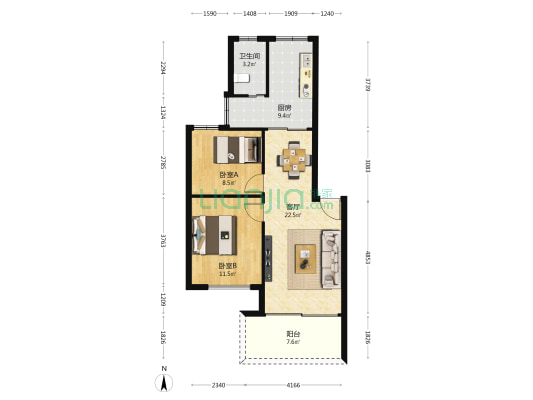 福园花园 2室1厅1卫 69平方