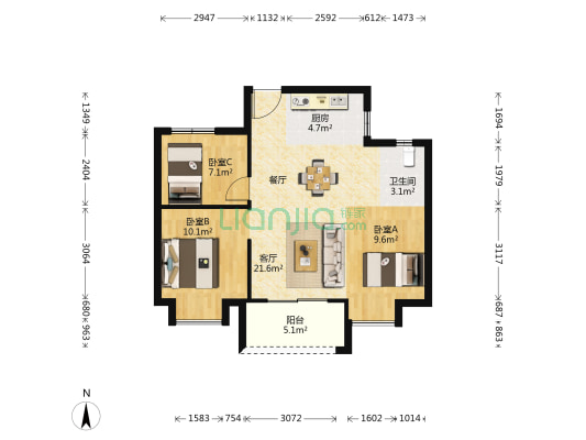 世茂云图 3室1厅1卫 77平方