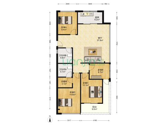 品霞苑 4室1厅2卫 124平方