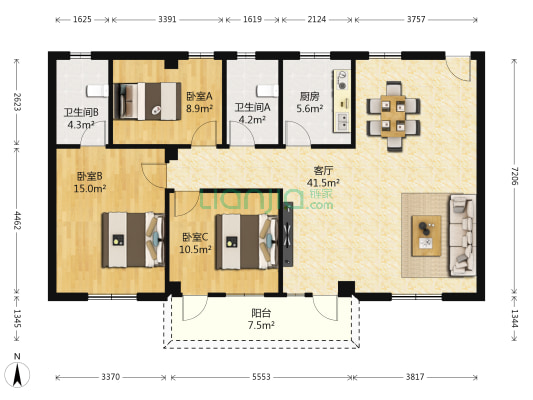 商学院宿舍 3室1厅2卫 116平方