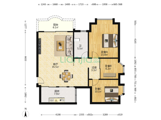 翡翠苑 3室1厅1卫 110平方