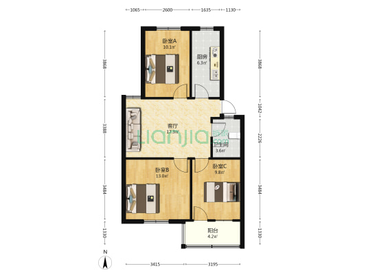 元丰大市场宿舍 3室1厅1卫 74平方