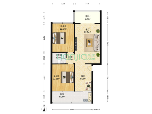 城市之光 2室2厅1卫 94平方
