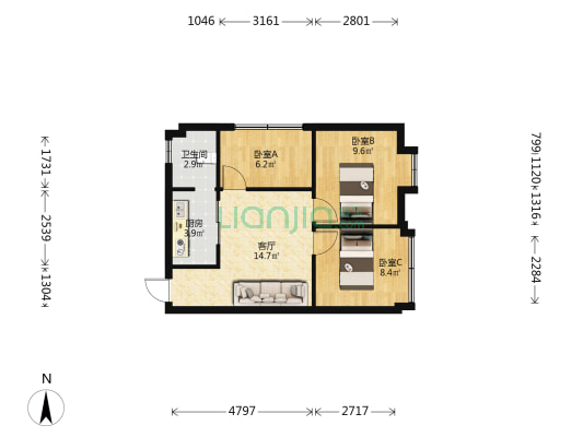 中川商贸城 3室1厅1卫 65平方