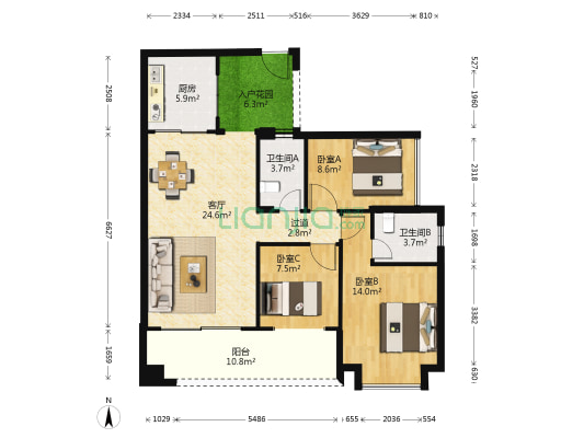 小城大院 3室1厅2卫 102平方