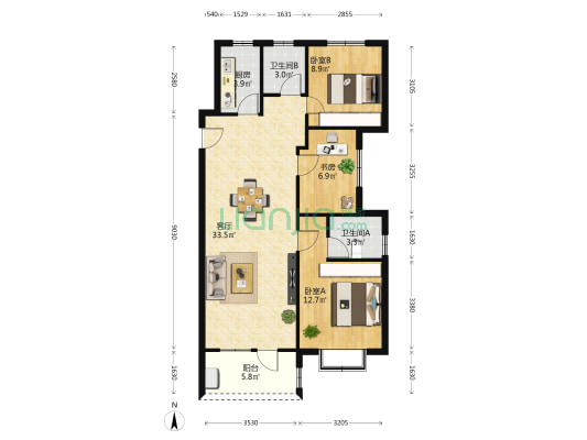 高新区三居双卫，集中供暖，78万带车位，房本在手-户型图