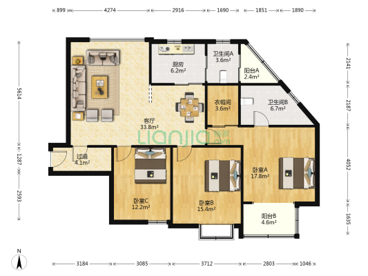 桔香鑫城 3室1厅2卫 132平方