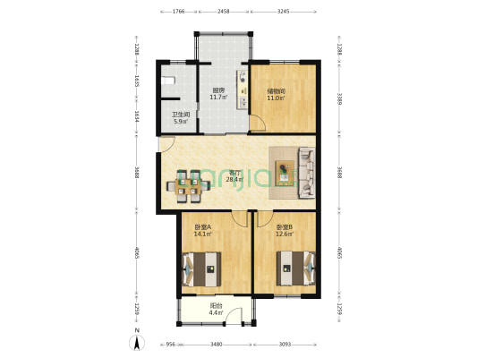 明星苑 2室1厅1卫 107平方