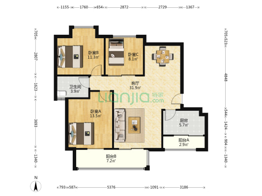 保利中宇广场 3室1厅1卫 98平方