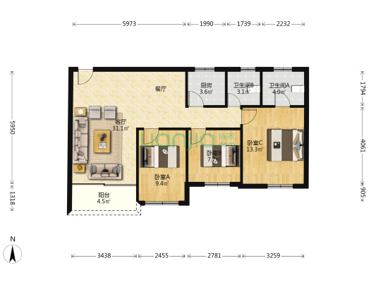 金丰花园明景居 3室1厅2卫 95平方
