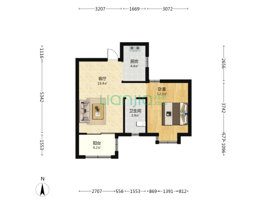 双砚居 1室1厅1卫 60平方