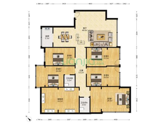 高知公寓 5室1厅2卫 152平方