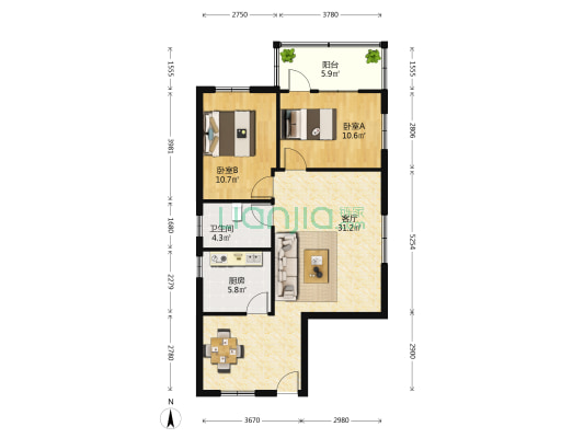 三五三一小区 2室1厅1卫 86平方