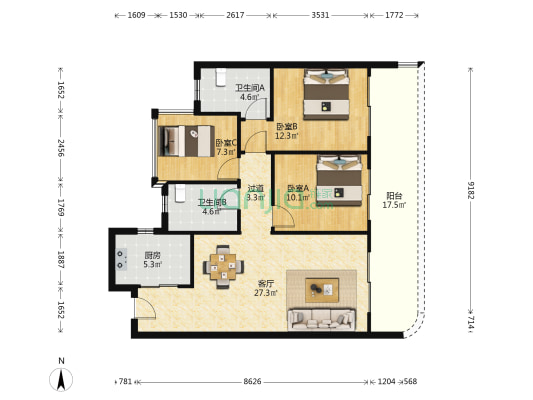 融创观澜湖公园壹号三期 3室1厅2卫 105平方