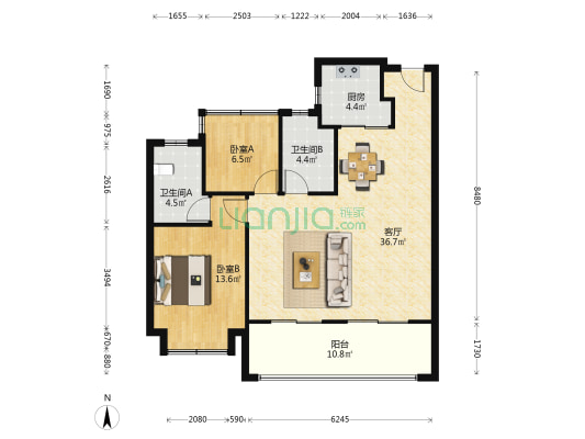 润城中心 2室1厅2卫 108平方