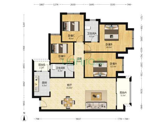 洺悦城铂悦 4室1厅2卫 127平方