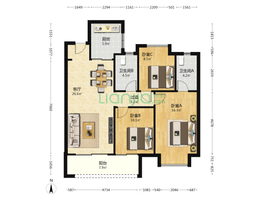 卓越洋湖晴翠 3室1厅2卫 112平方